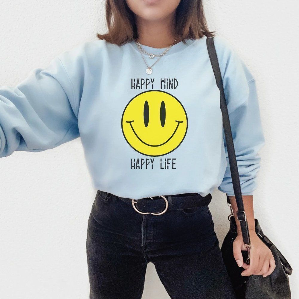 NWT "Happy Mind Happy Life" LIGHT BLUE UNISEX Cotton pullover Sweatshirt